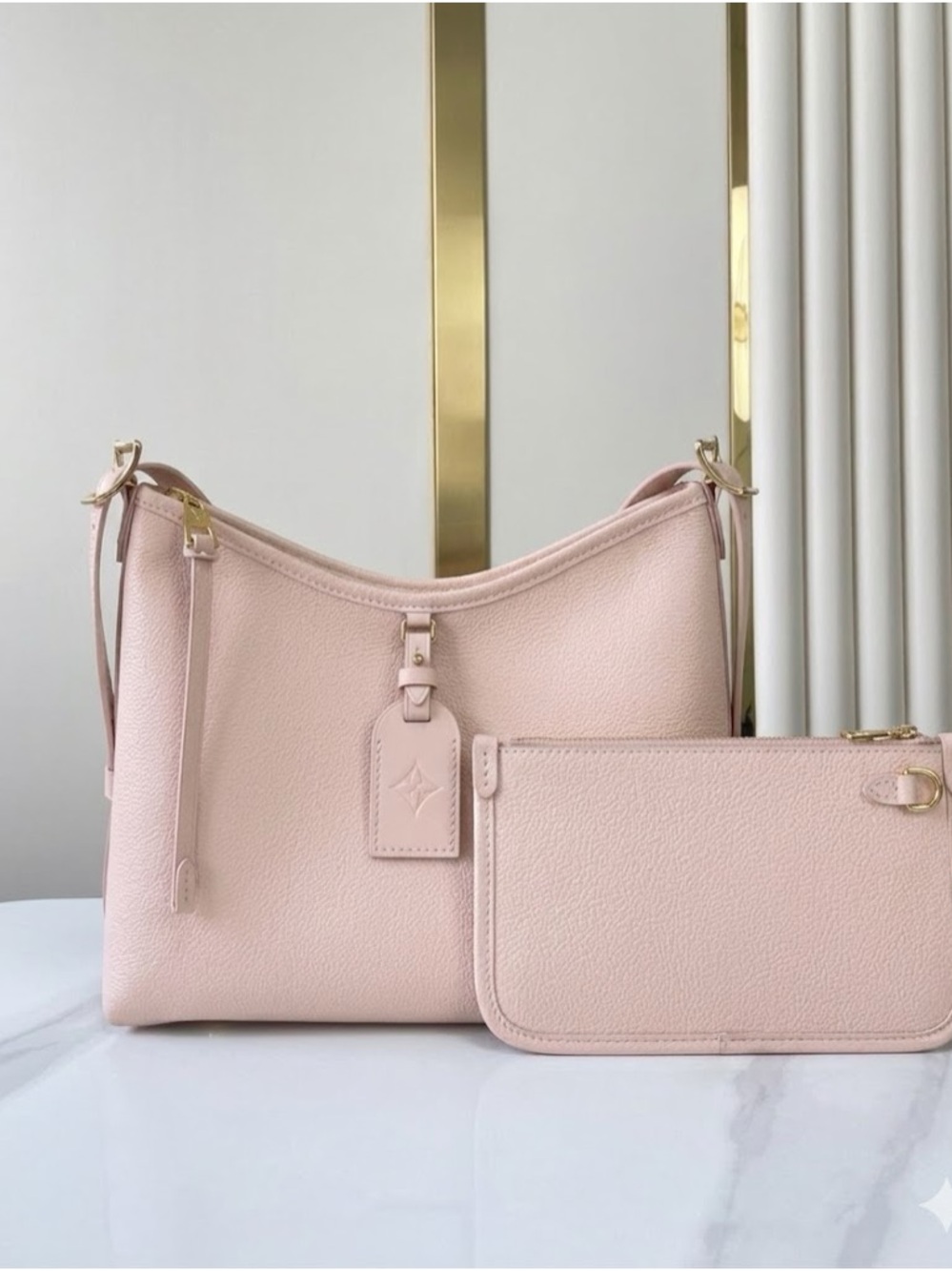 Women's Soft Pink Leather Shoulder Bag with Wristlet